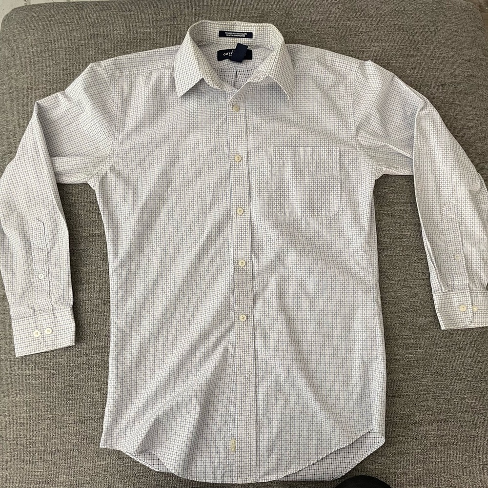 Lands' End Men's White and Blue Checkered Dress Shirt